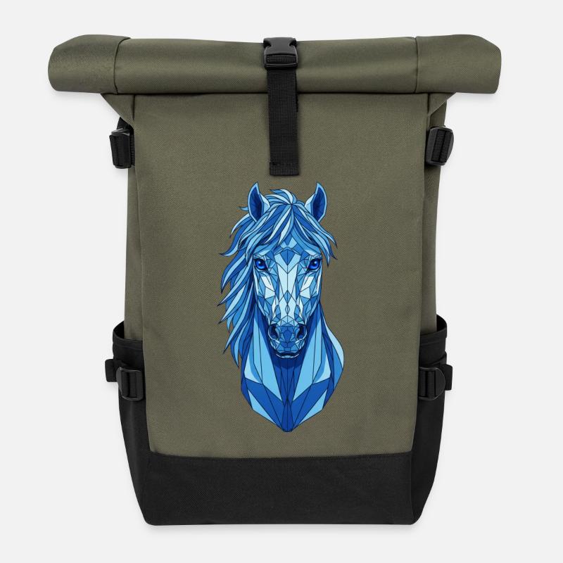 Geometrisches Blaues Pferd - Rolltop Rucksack - Olive/Schwarz