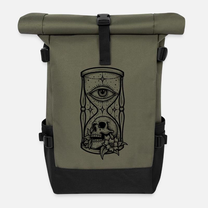 Stundenglas-Schädel-Augen-Spook-Tattoo - Rolltop Rucksack - Olive/Schwarz