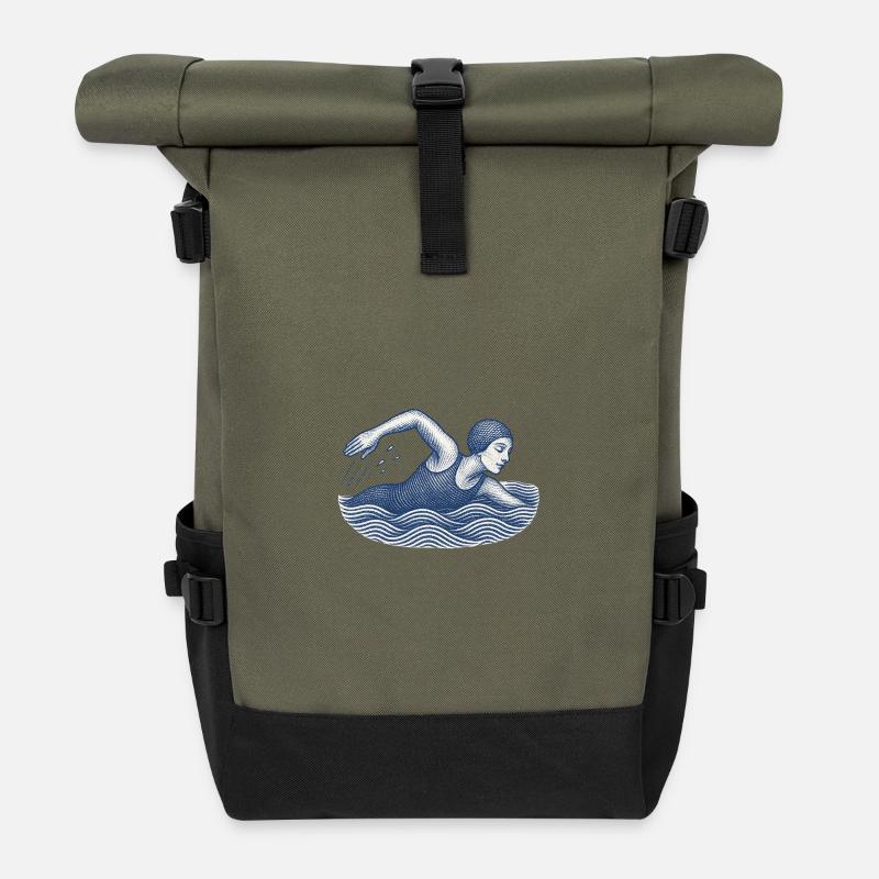 Vintage Schwimmer Illustration - Rolltop Rucksack - Olive/Schwarz