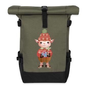 zauberhafter süßer Weihnachtself mit Geschenk - Rolltop Rucksack - Olive/Schwarz - Vorne