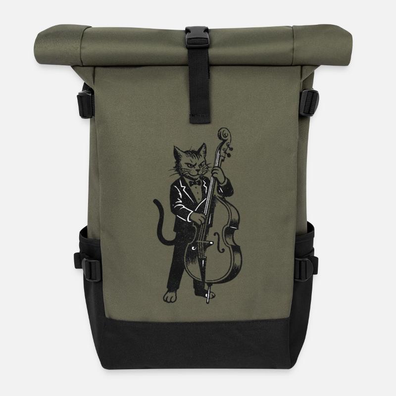 Jazz cat in suit with double bass - Roll Top Backpack - olive/black