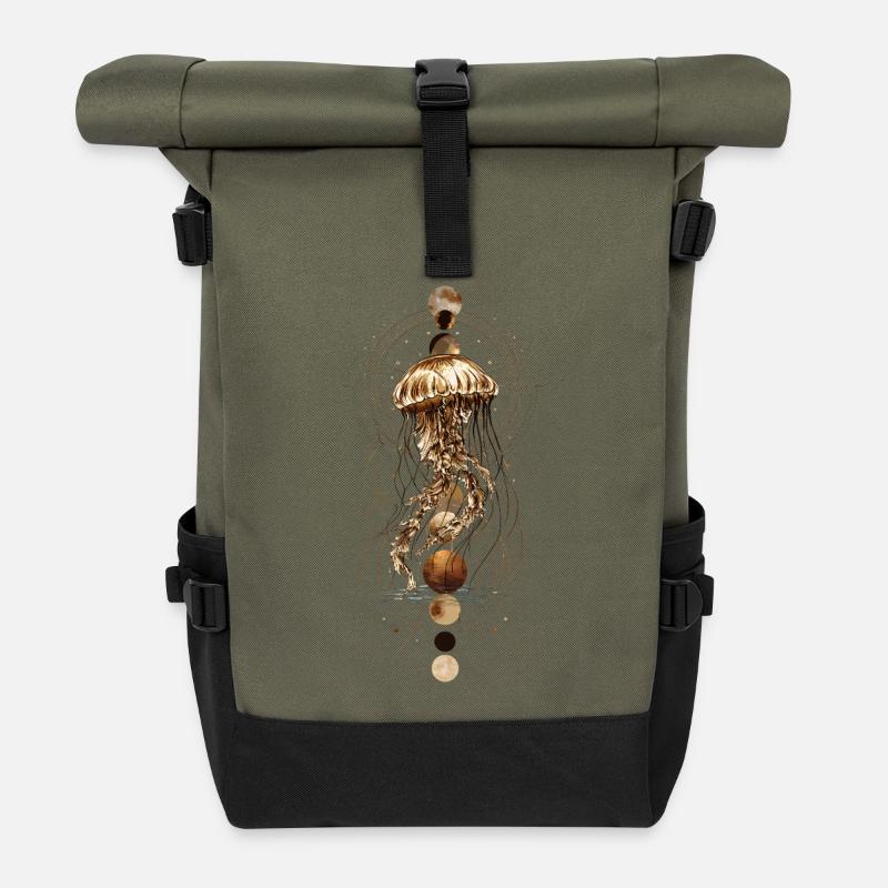 Boho Jellyfish with Moon Phases – Mystical Design - Roll Top Backpack - olive/black