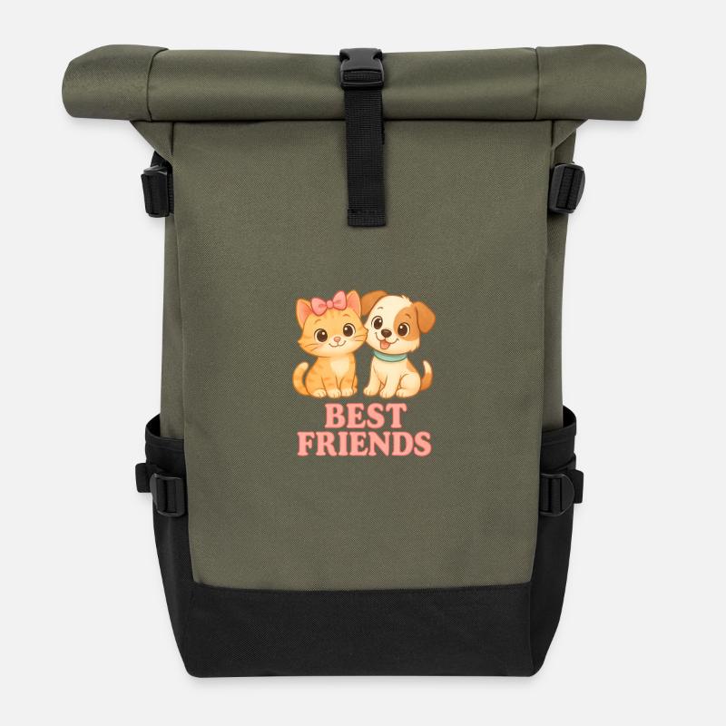 Best Friends – cute cat & dog - Roll Top Backpack - olive/black