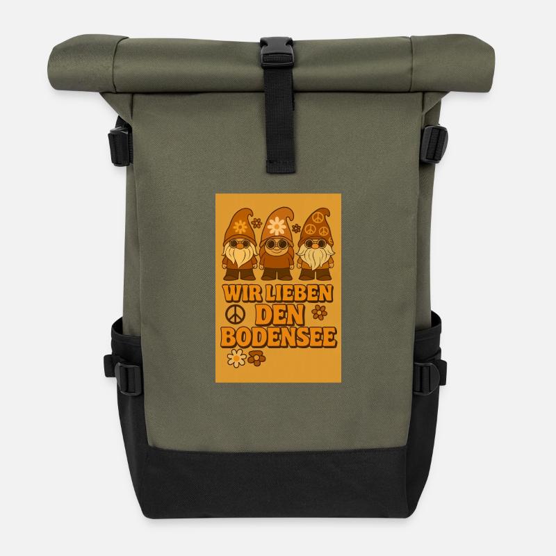 Wir lieben den Bodensee - Hippie - 70er - Rolltop Rucksack - Olive/Schwarz
