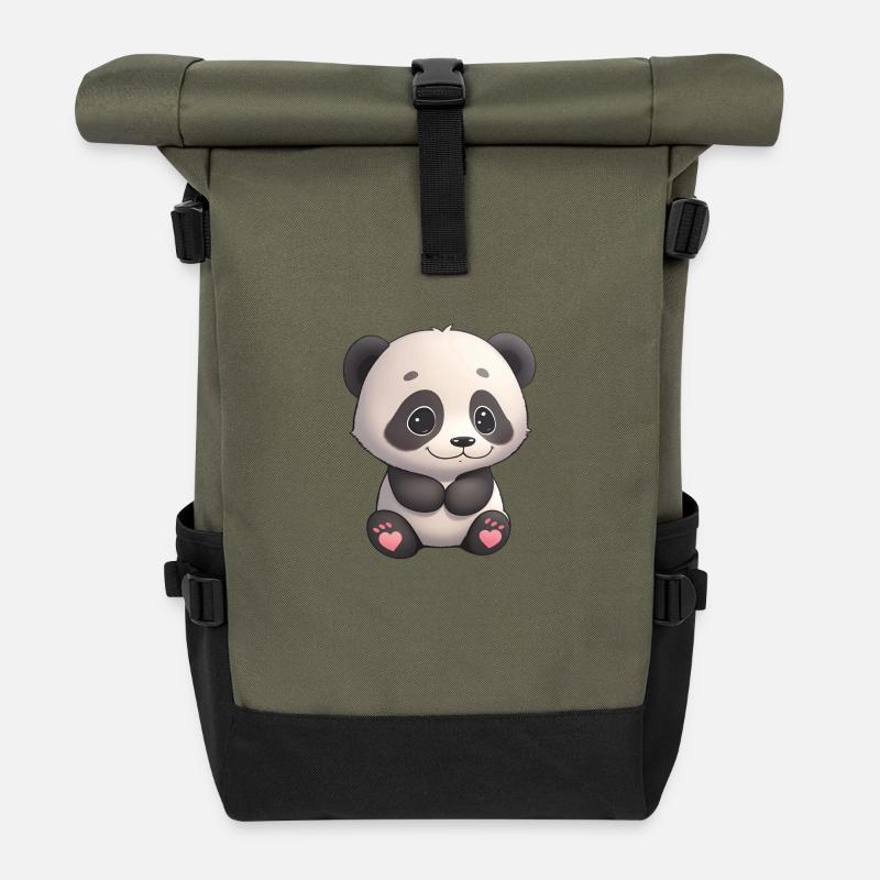 Total niedliches Panda-Bärchen - Rolltop Rucksack - Olive/Schwarz