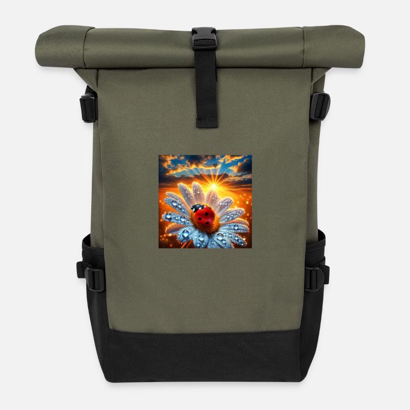 Ladybug and Flower - Roll Top Backpack - olive/black