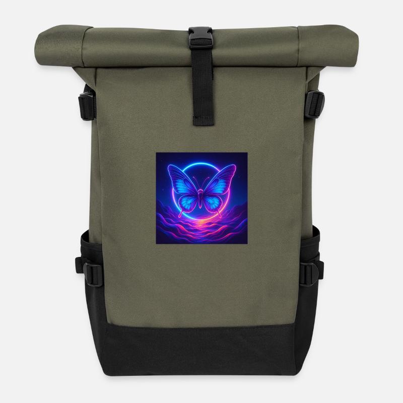 Neon Print Butterfly - Rolltop Rucksack - Olive/Schwarz