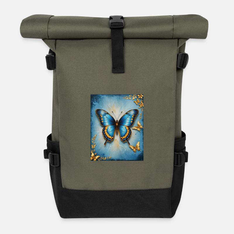 Azurblauer Schmetterling mit Goldakzenten - Rolltop Rucksack - Olive/Schwarz