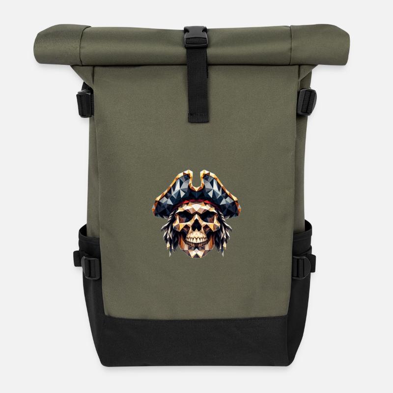 A cool, colorful skull with a pirate hat - Roll Top Backpack - olive/black