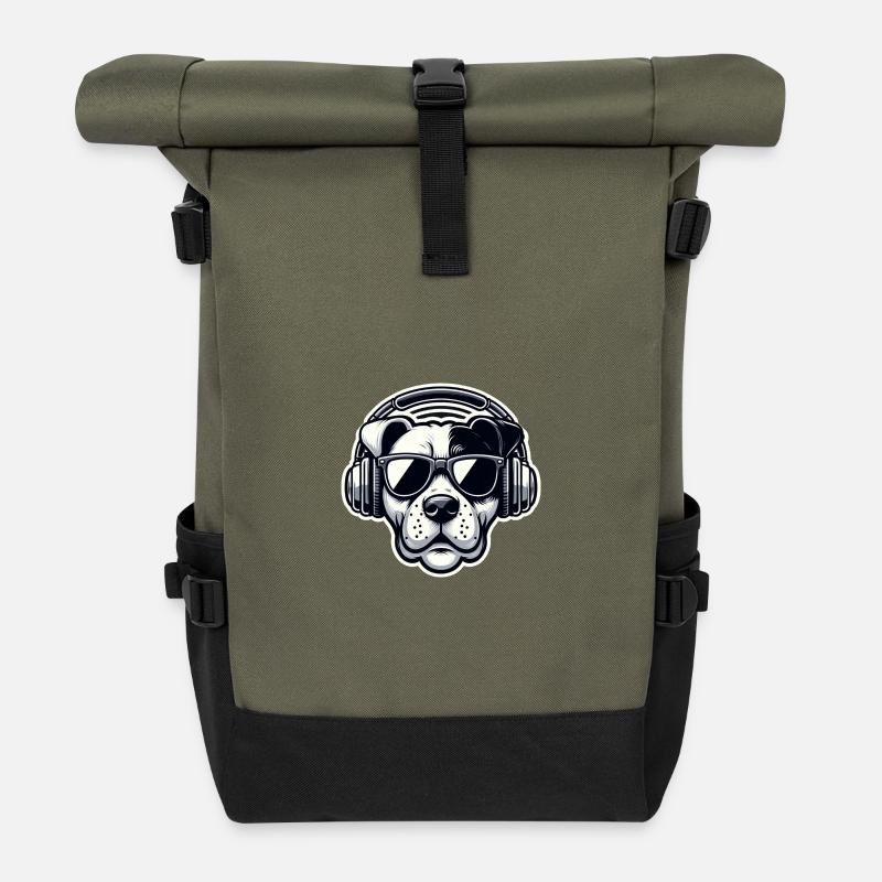 Hund Kopfhörer Brille cool - Rolltop Rucksack - Olive/Schwarz