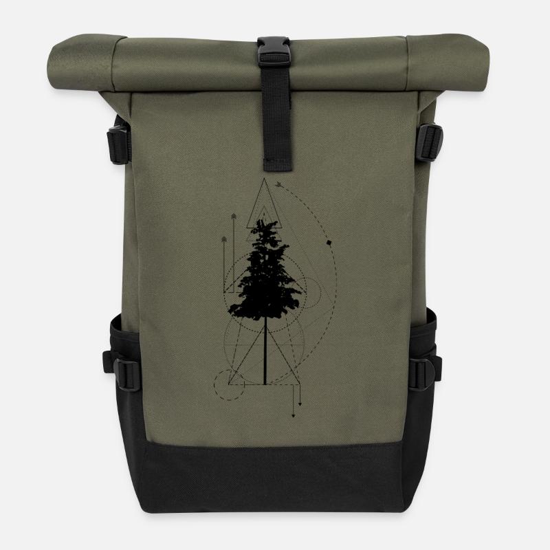Baum - Geometrisch - Dreiecke - Linien - Rolltop Rucksack - Olive/Schwarz