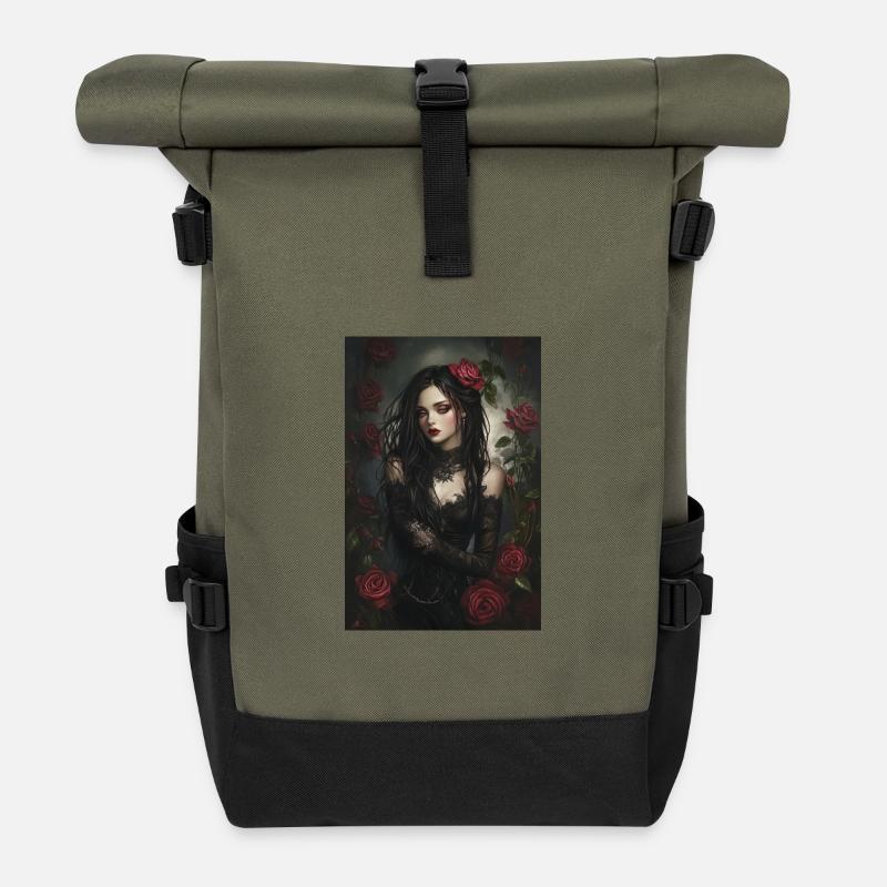 Black elegance with rose accents - Roll Top Backpack - olive/black