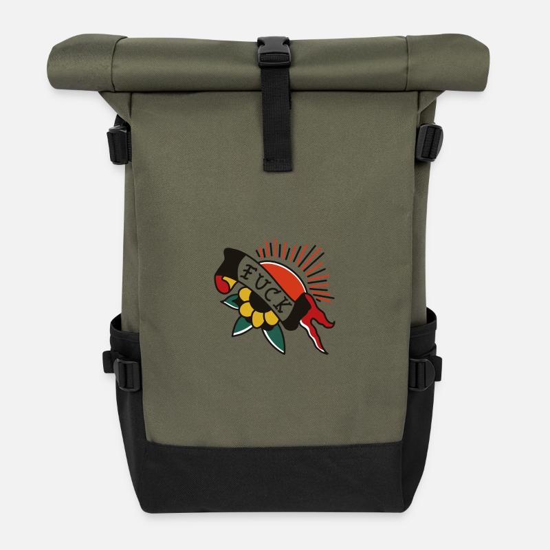 Tattoo Sun with Banner – Oldschool Design - Roll Top Backpack - olive/black