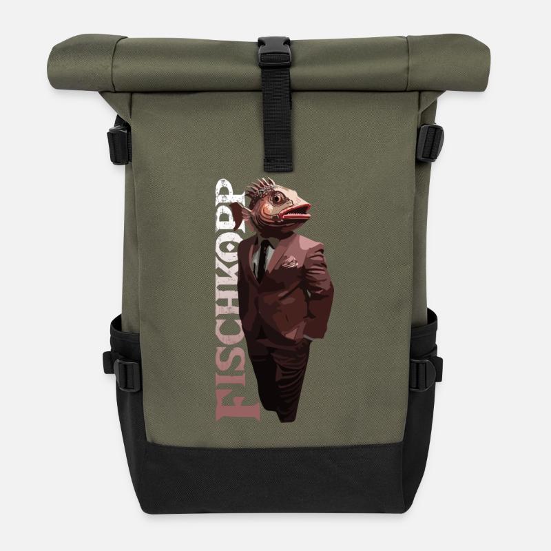 Fisch im Anzug - typisch Norddeutsch - Rolltop Rucksack - Olive/Schwarz
