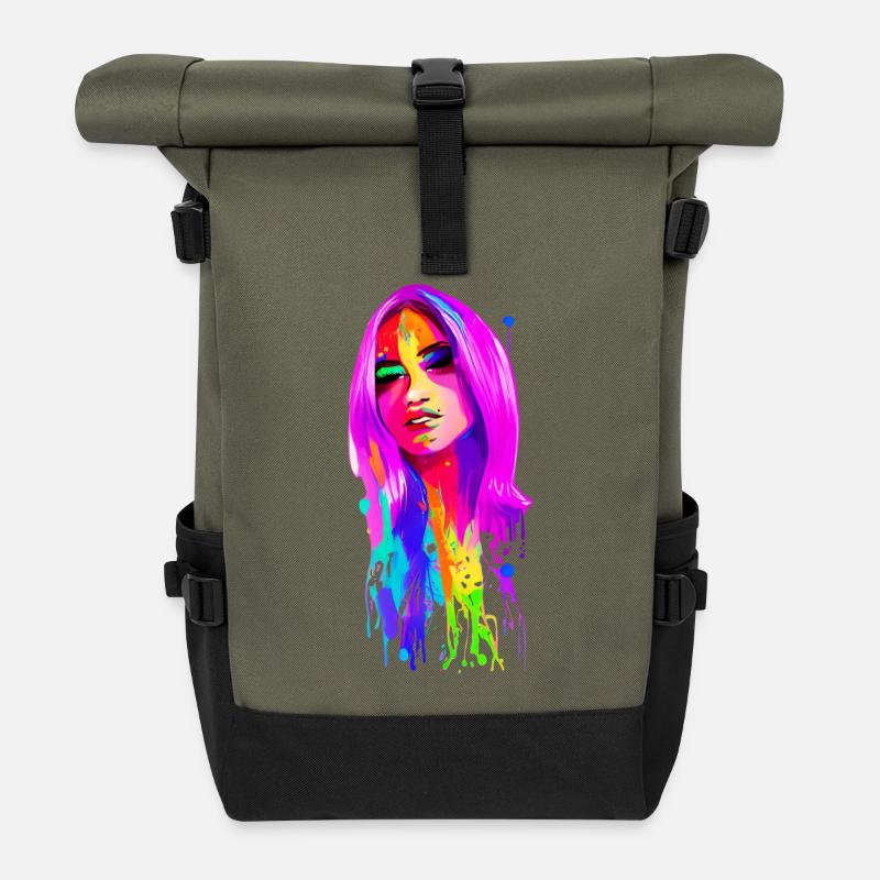 Lady 70's rétro - Sac à dos roll top - olive/noir