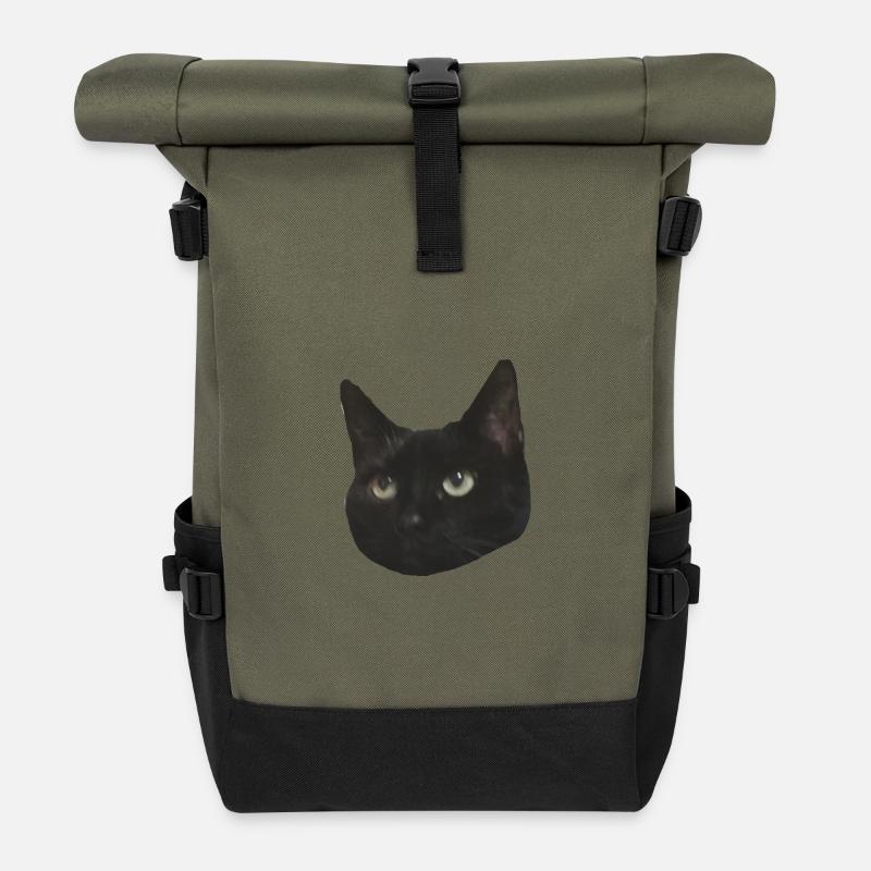Tête de chat noir - Sac à dos roll top - olive/noir