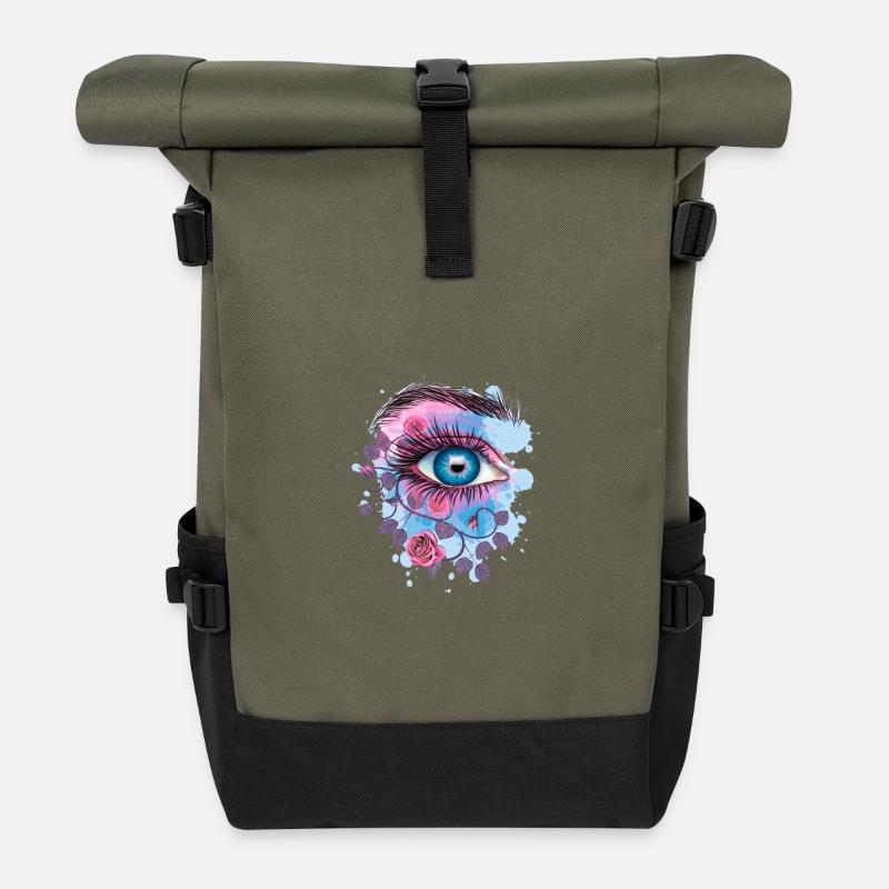 Blue Psychedelic Floral Eye - Roll Top Backpack - olive/black