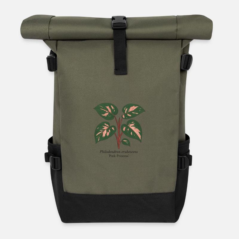 Stylish Plant - Philodendron Pink Princess - Roll Top Backpack - olive/black