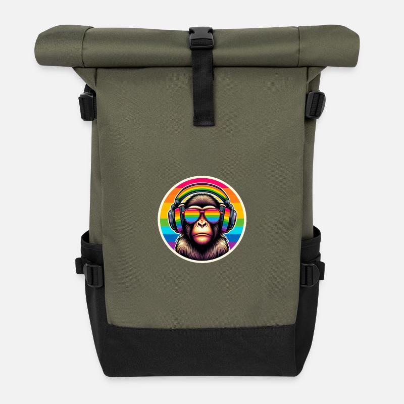 Monkey Headphones Glasses Rainbow Colorful - Roll Top Backpack - olive/black