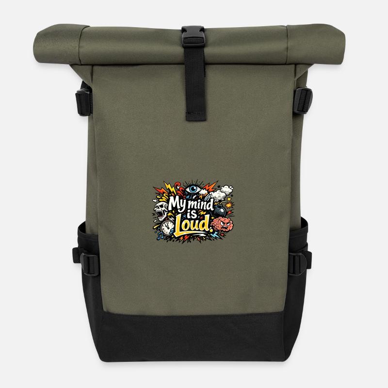 My Mind Is Loud – Vibrant Abstract Typography - Roll Top Backpack - olive/black