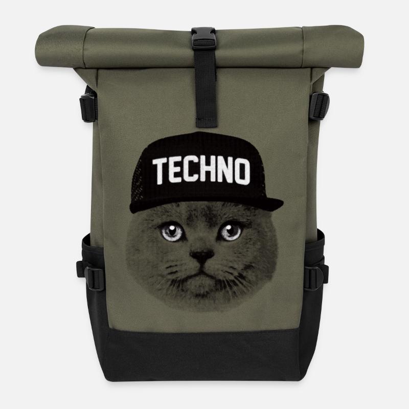 Techno cat - Roll Top Backpack - olive/black