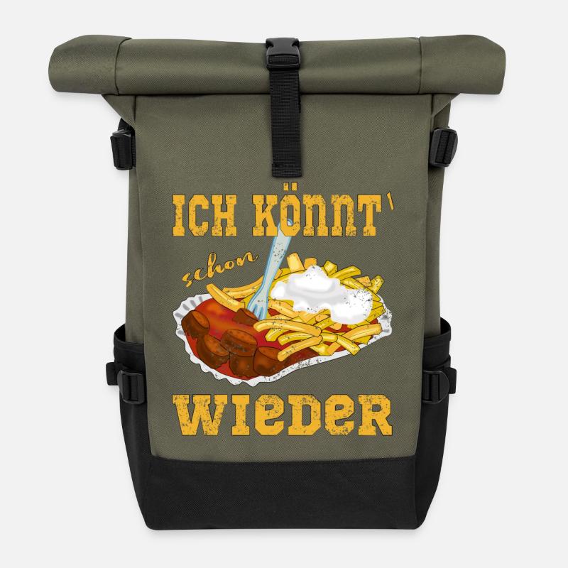 Currywurst Pommes in der Schale - Rolltop Rucksack - Olive/Schwarz