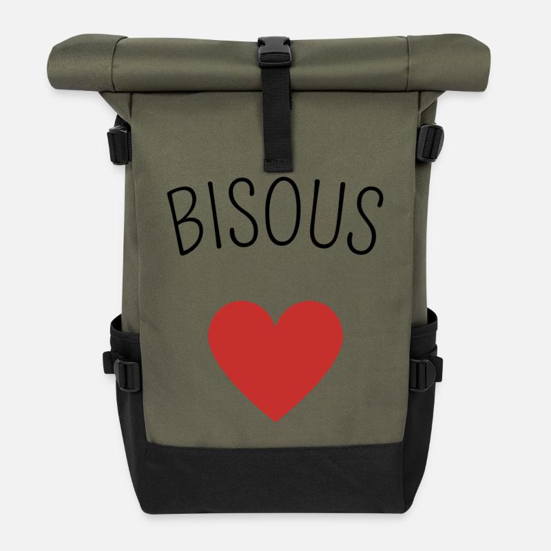 Bisous coeur - Sac à dos roll top - olive/noir