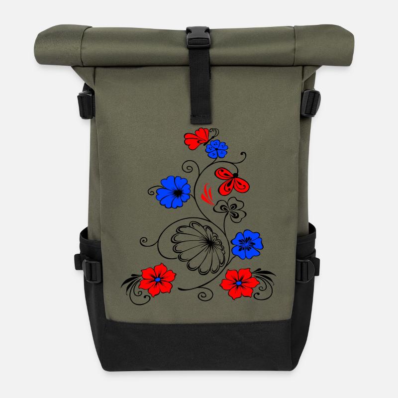Blumenranke mit Schmetterling - Rolltop Rucksack - Olive/Schwarz