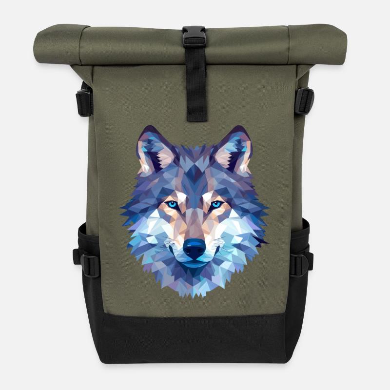 Wolf Polygon Design - Wildtier Natur Motiv - Rolltop Rucksack - Olive/Schwarz