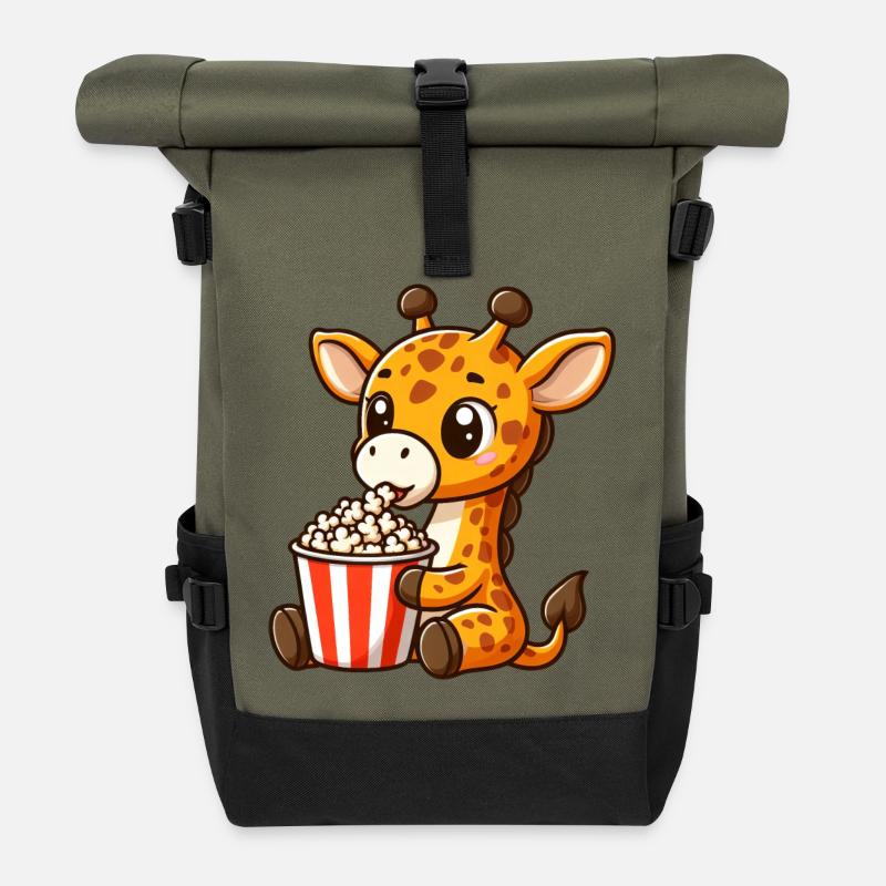 Une girafe fan de cinéma mange du pop-corn - Sac à dos roll top - olive/noir