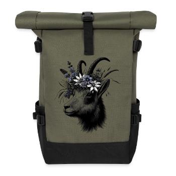 Gams Blumen Alpen Wildtiere Illustration - Rolltop Rucksack - Olive/Schwarz - Vorne