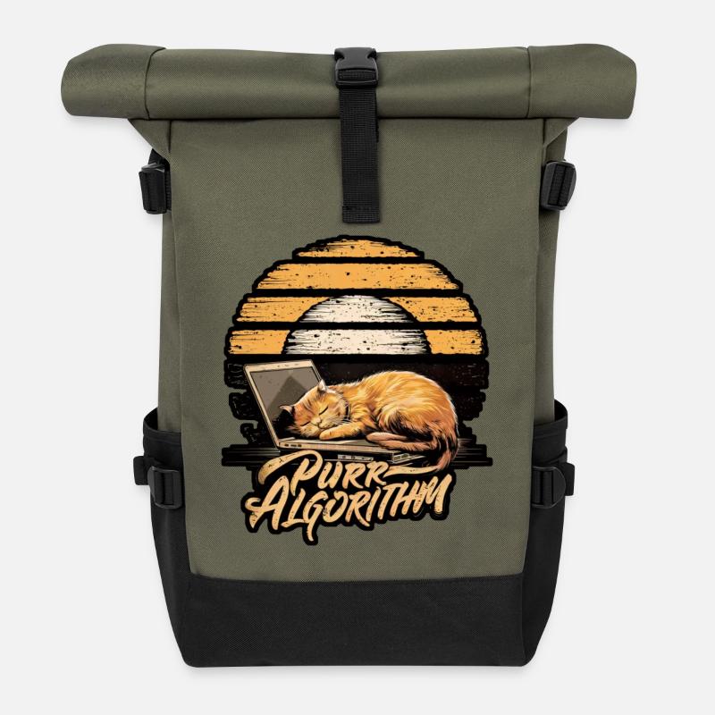 Cute Cat Relaxing with Laptop Sunset - Roll Top Backpack - olive/black