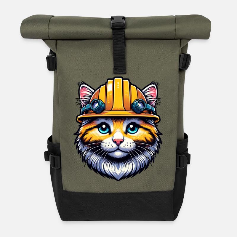 Chat de chantier avec casque idéal comme cadeau. - Sac à dos roll top - olive/noir