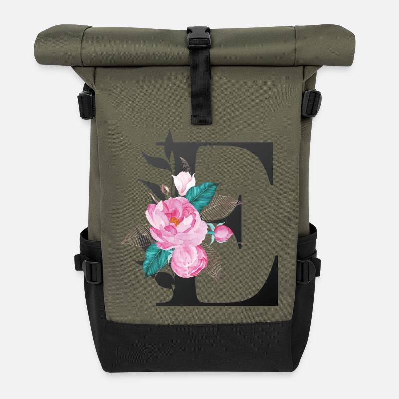 Eleganter Buchstabe 'E' mit Blumen - Rolltop Rucksack - Olive/Schwarz