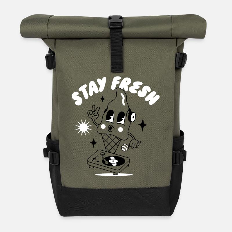Whimsical Stay Fresh DJ mascot T-Shirt - Roll Top Backpack - olive/black