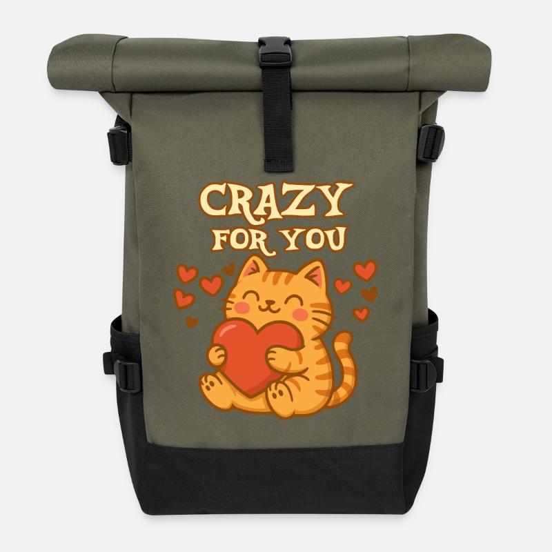Chat mignon avec texte « Crazy for You » - Sac à dos roll top - olive/noir