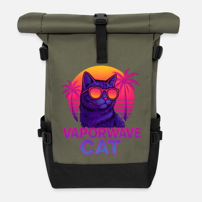 Vaporwave Cat with Sunset - Roll Top Backpack - olive/black