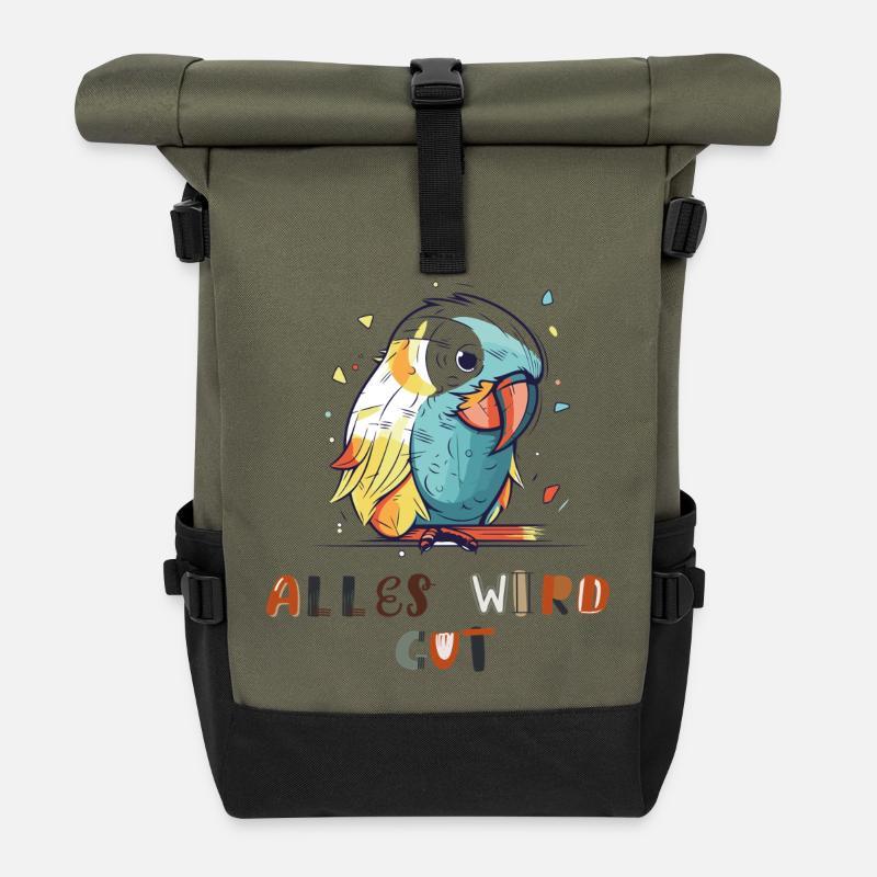 Bunter Papagei, alles wird gut - Rolltop Rucksack - Olive/Schwarz