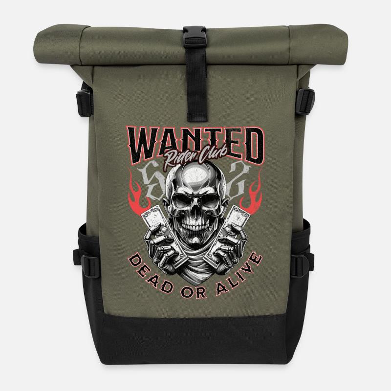 Wanted Biker Skull Dead or Alive Motorrad Chopper - Rolltop Rucksack - Olive/Schwarz