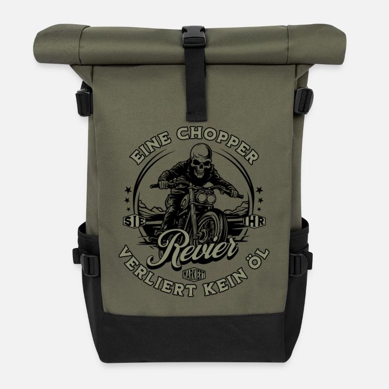 Motorrad Biker Chopper Skelett - Rolltop Rucksack - Olive/Schwarz