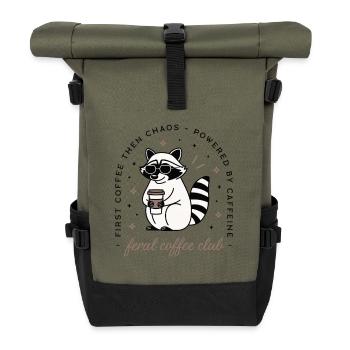 Raccoon drinking coffee club funny sarcastic humor - Roll Top Backpack - olive/black - Front