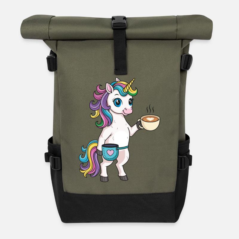Einhorn mit Kaffee und Chalkbag - Rolltop Rucksack - Olive/Schwarz