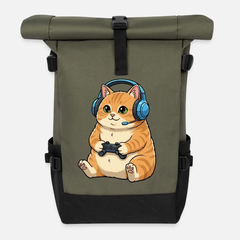 Gamer Katze mit Headset - Rolltop Rucksack - Olive/Schwarz