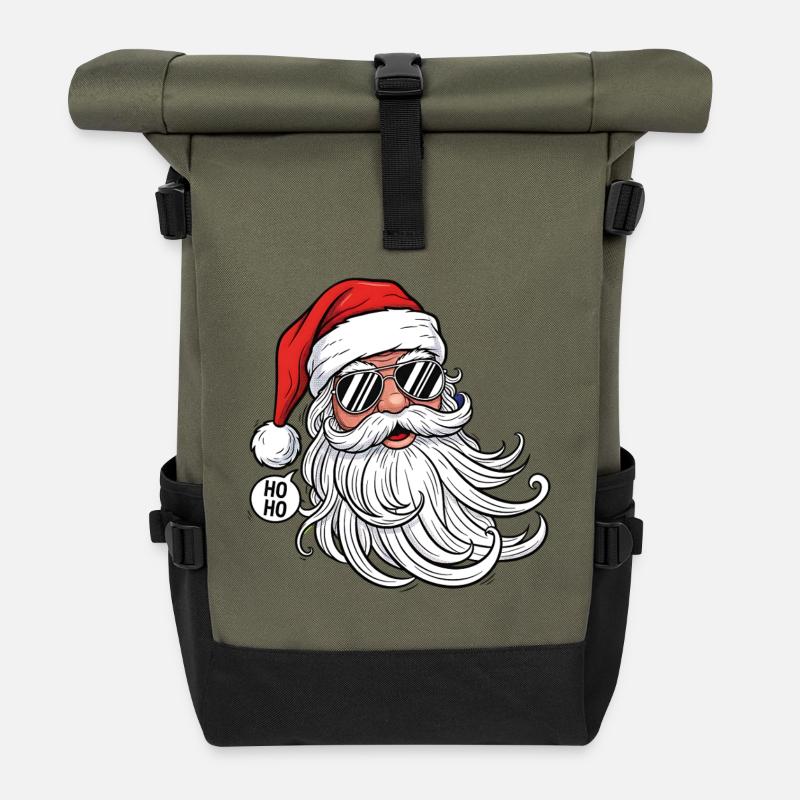 Cool Santa Comic Head with Sunglasses - Roll Top Backpack - olive/black