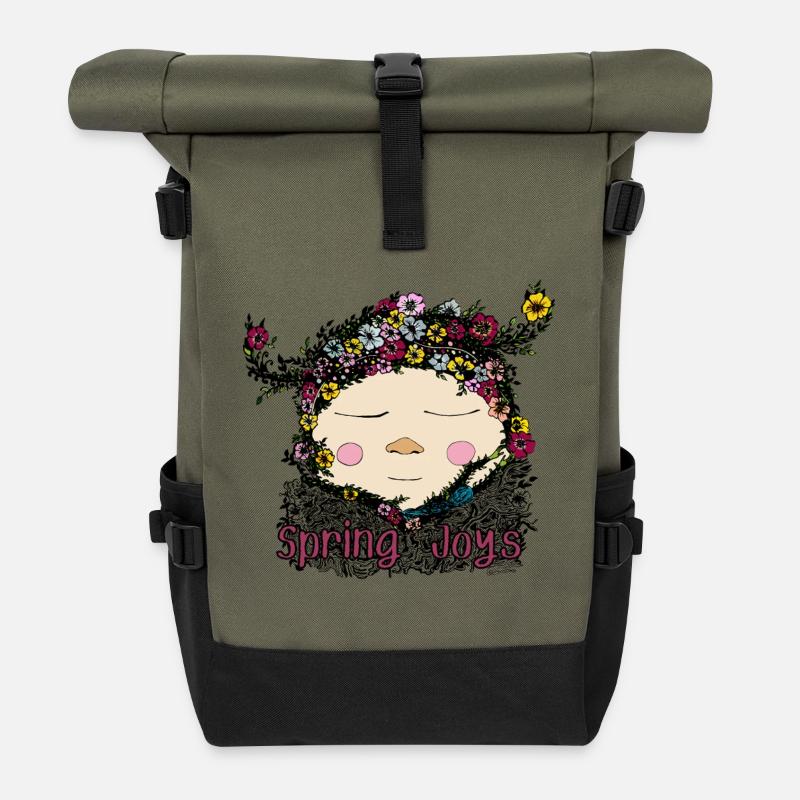 Spring Joy Gnome – Gemütliche Naturillustration - Rolltop Rucksack - Olive/Schwarz