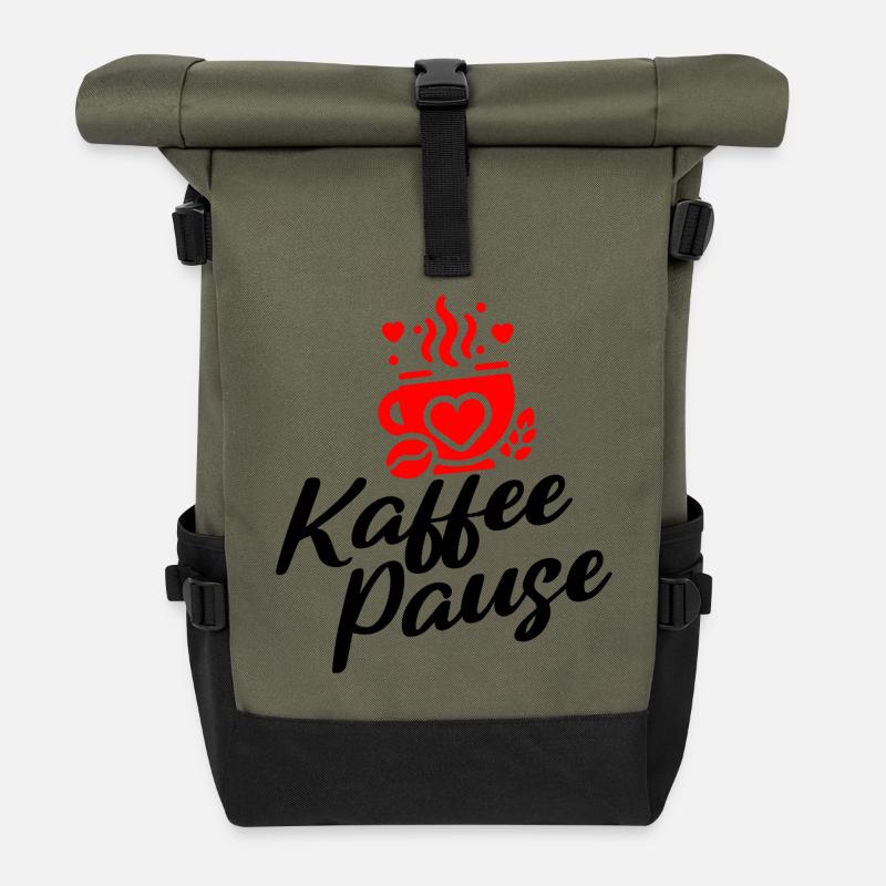 Kaffee Pause - Kaffeebecher mit Herzmotiv - Rolltop Rucksack - Olive/Schwarz