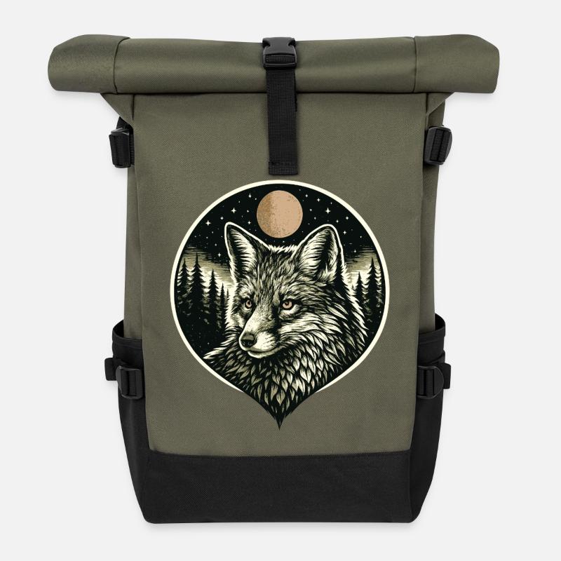 Silent Mind - Fuchs im Woodcut Stil - Sac à dos roll top - olive/noir