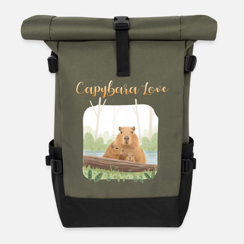 T-Shirt-Design „Capybara Love“ - Rolltop Rucksack - Olive/Schwarz