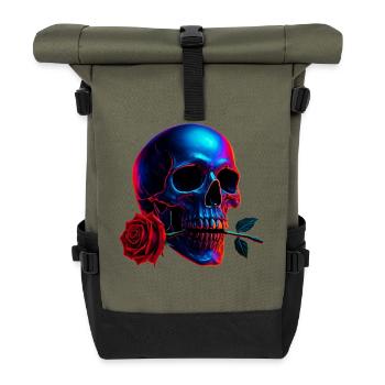 Skull Rose Dark Art Neon Skull Motif - Roll Top Backpack - olive/black - Front