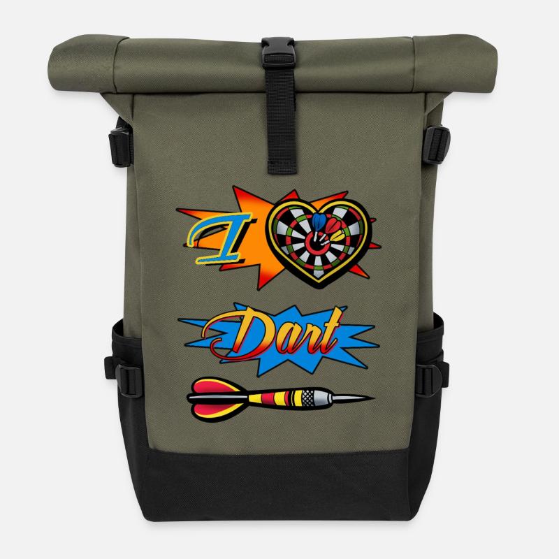 I Love Dart Dartboard Heart Motif - Roll Top Backpack - olive/black